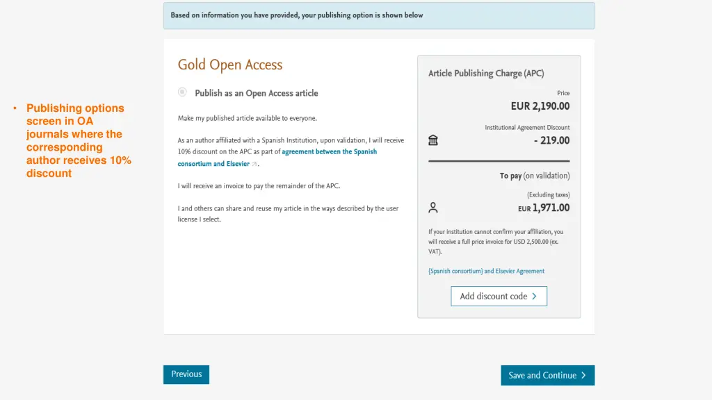 publishing options screen in oa journals where