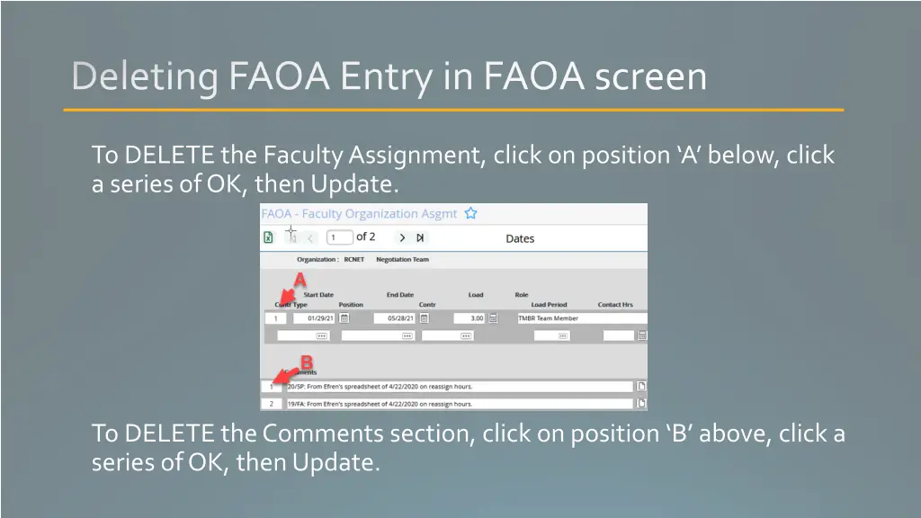 deleting faoa entry in faoa screen