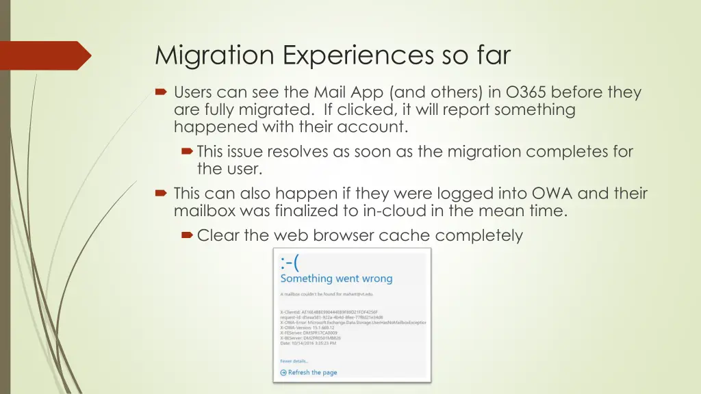 migration experiences so far