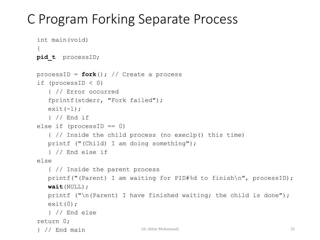 c program forking separate process