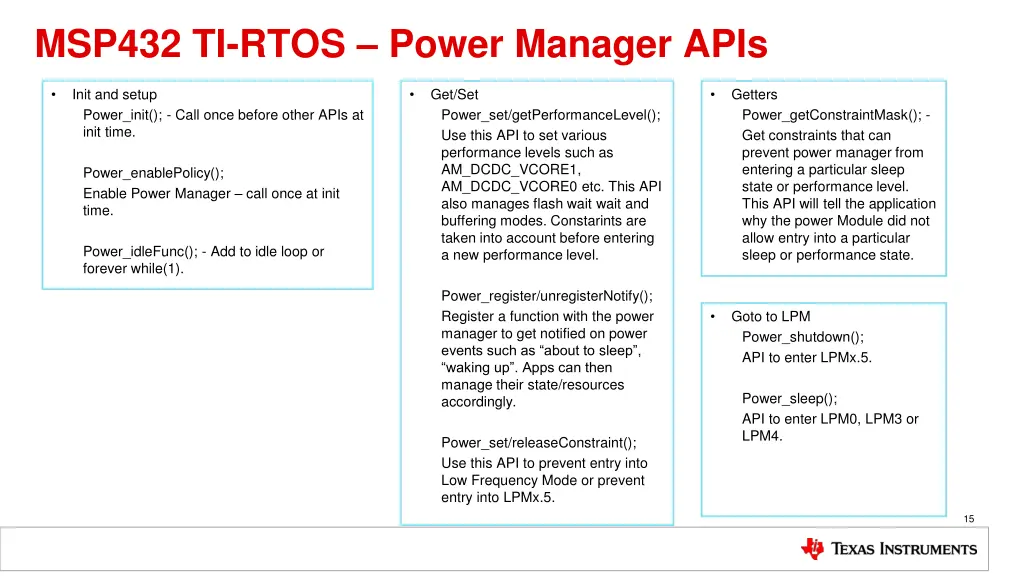 msp432 ti rtos power manager apis