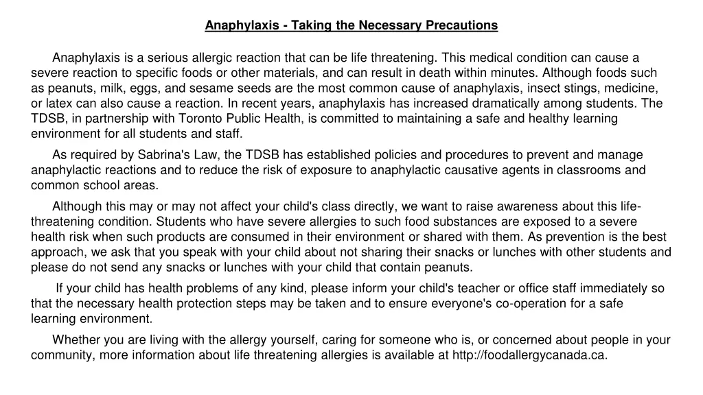 anaphylaxis taking the necessary precautions