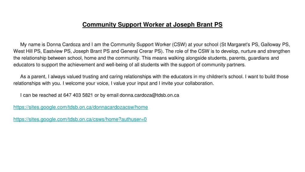 community support worker at joseph brant ps