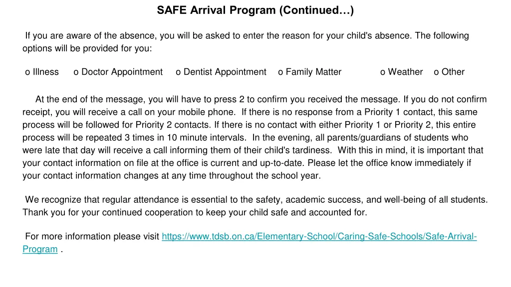 safe arrival program continued