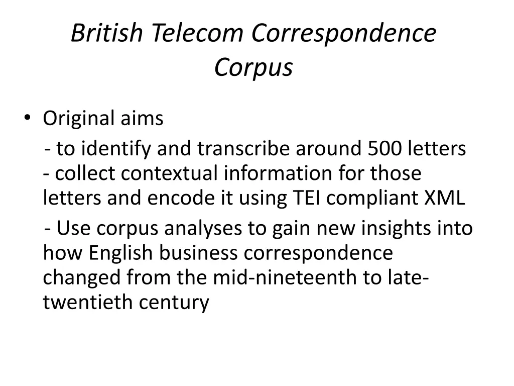 british telecom correspondence corpus