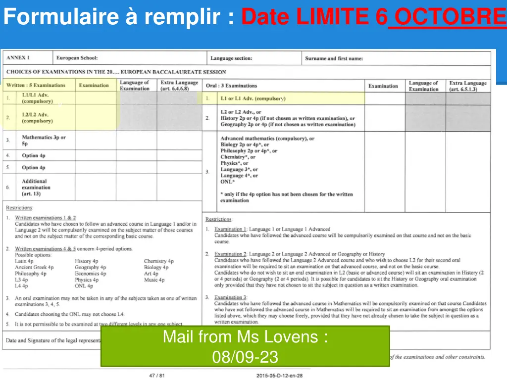 formulaire remplir date limite 6 octobre