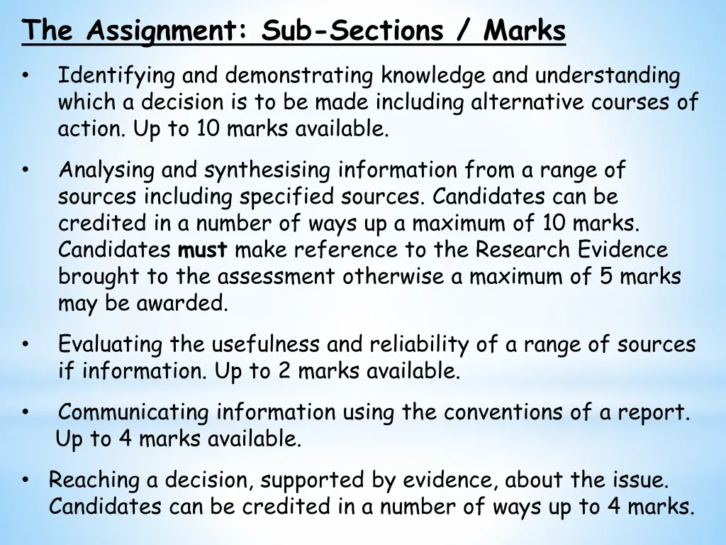 the assignment sub sections marks identifying