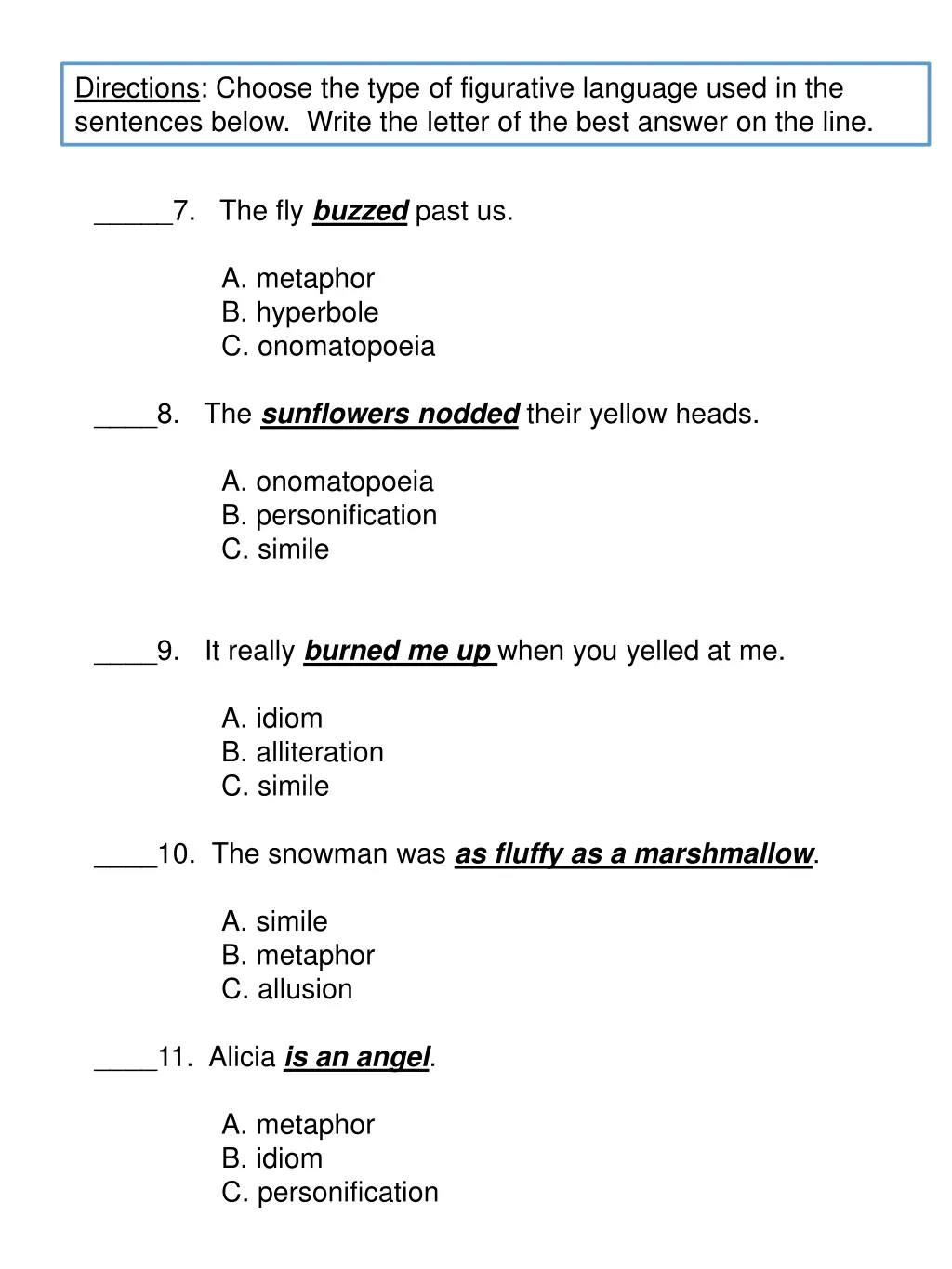 directions choose the type of figurative language