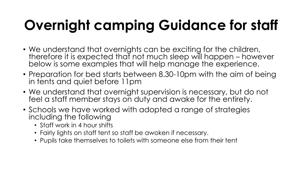 overnight camping guidance for staff