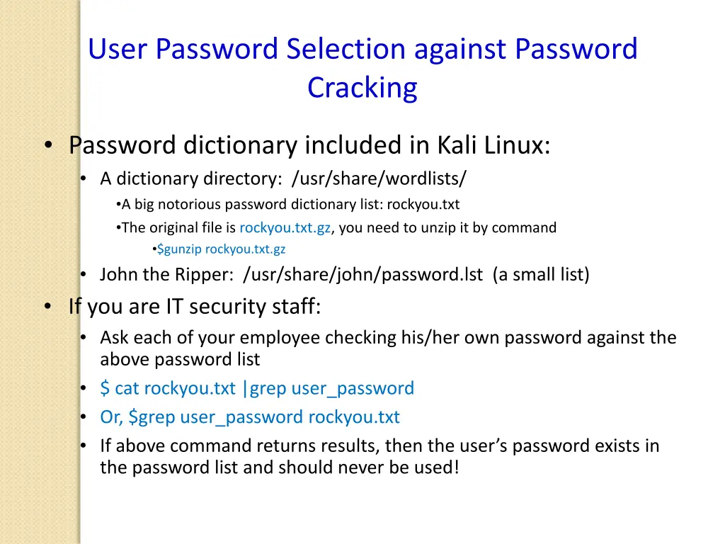 user password selection against password cracking