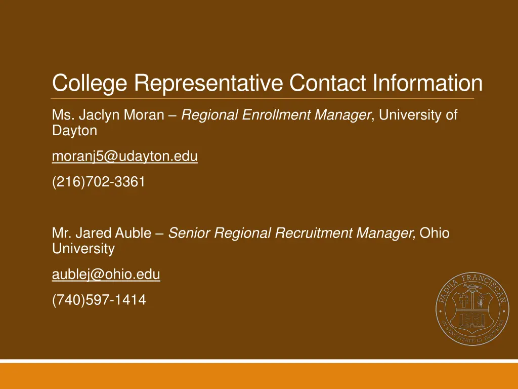 college representative contact information