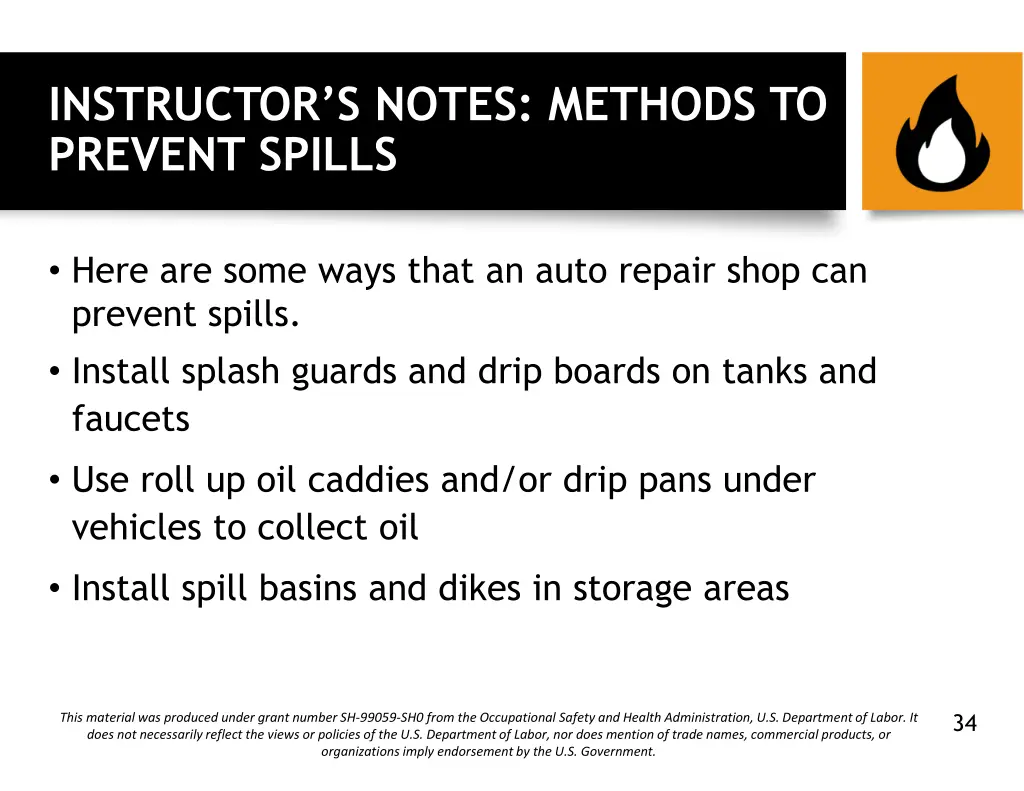 instructor s notes methods to prevent spills