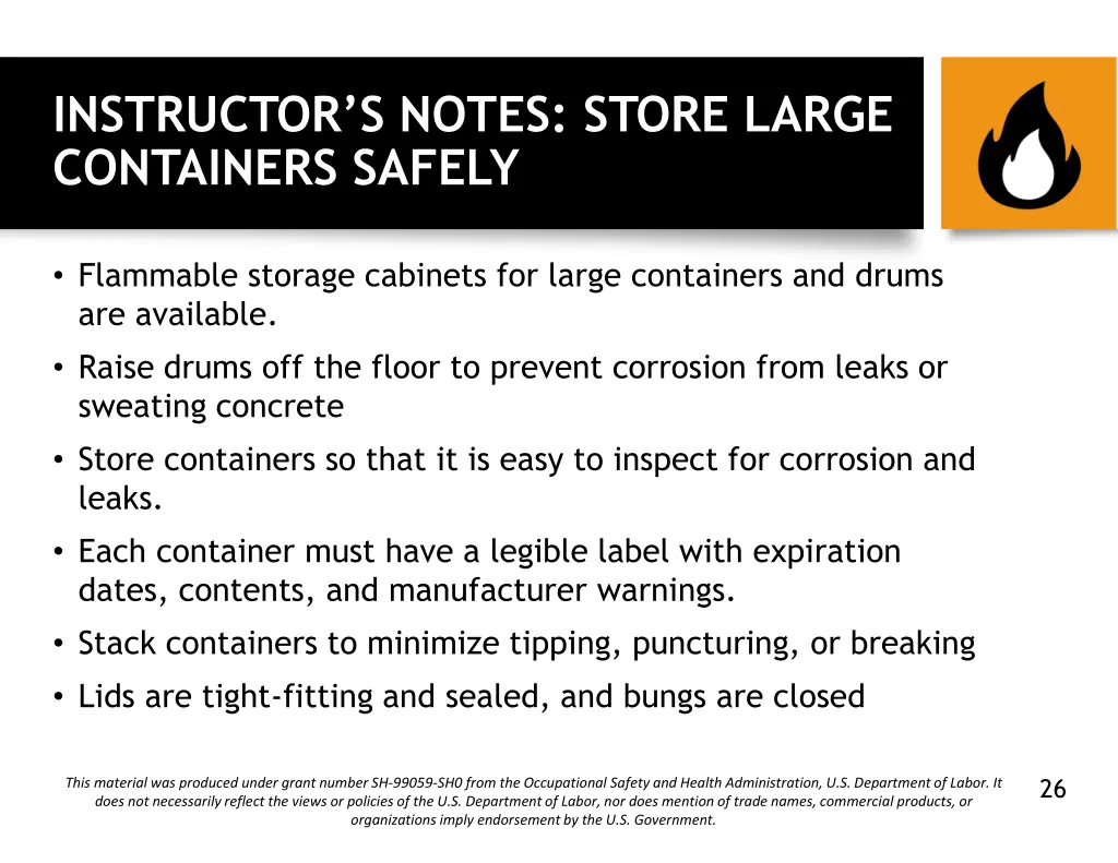 instructor s notes store large containers safely