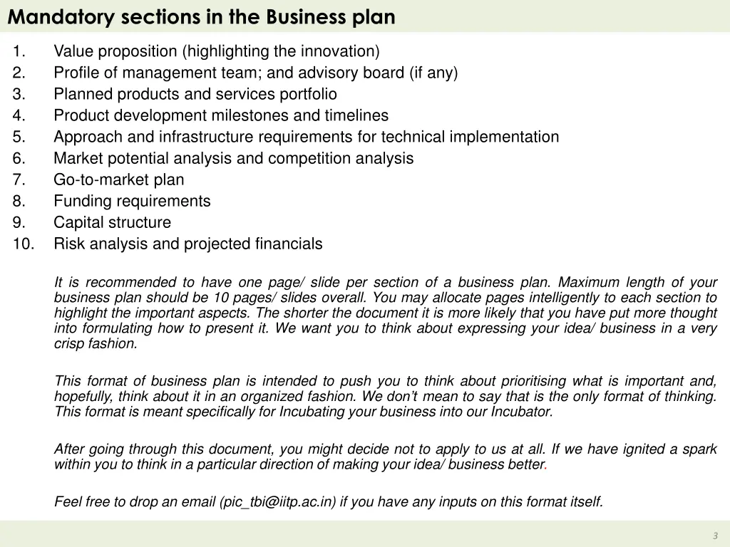 mandatory sections in the business plan