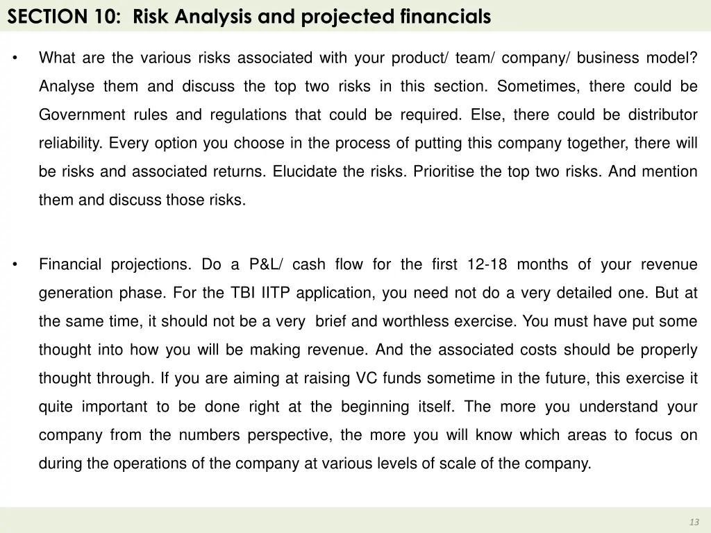 section 10 risk analysis and projected financials