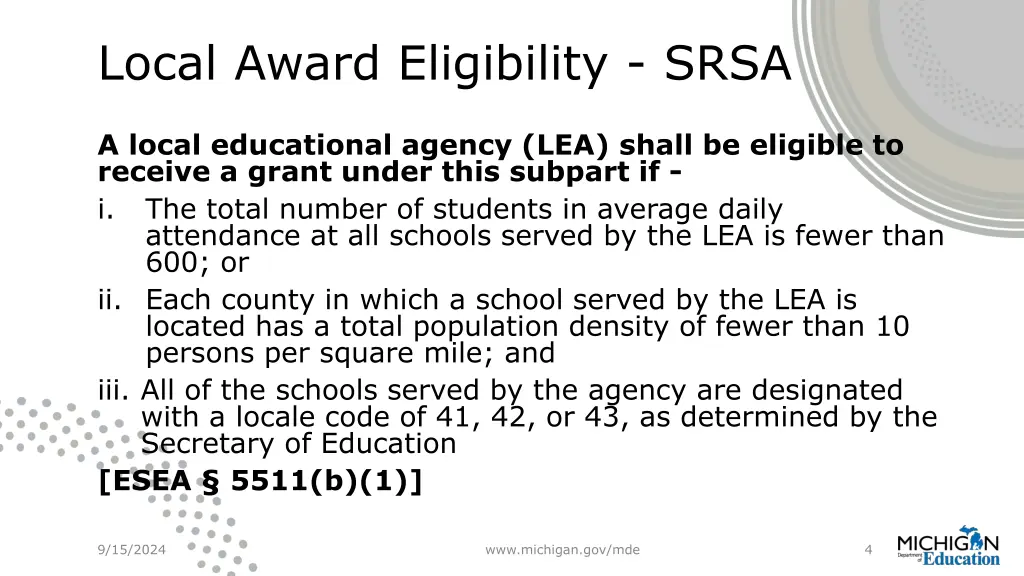 local award eligibility srsa