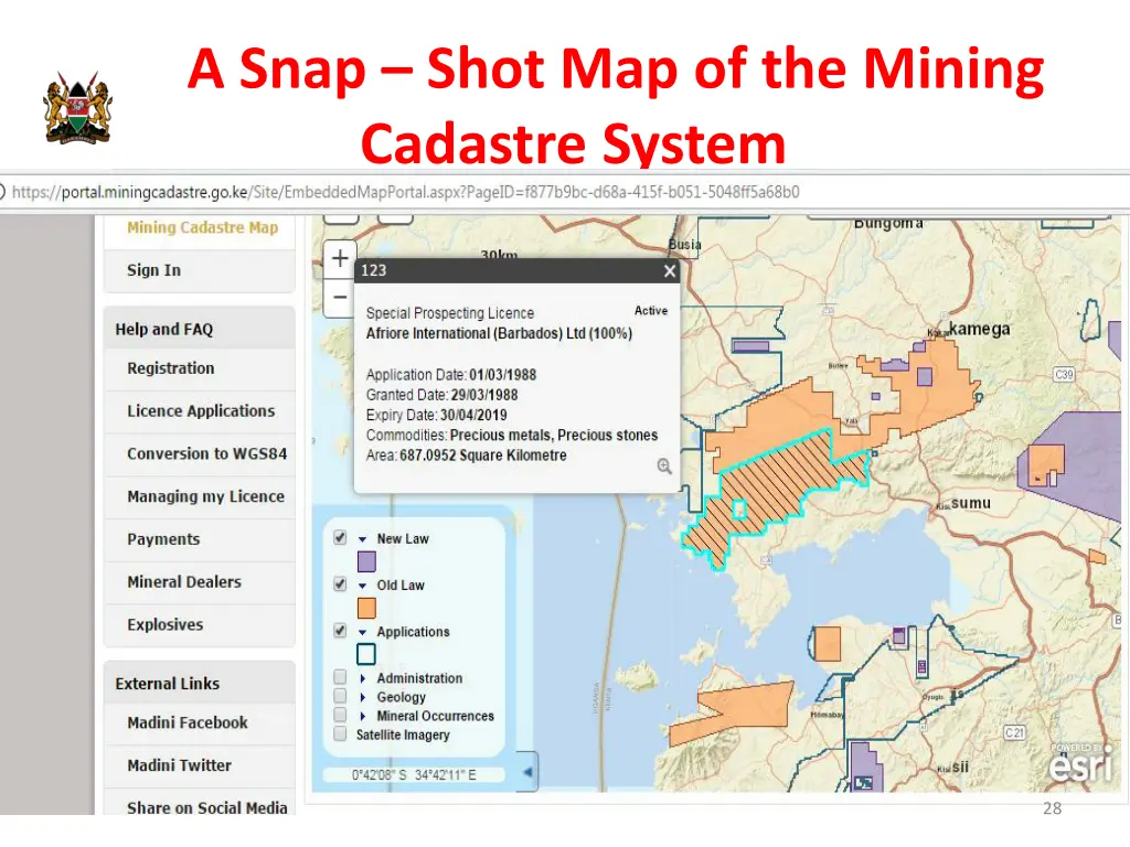 a snap shot map of the mining cadastre system