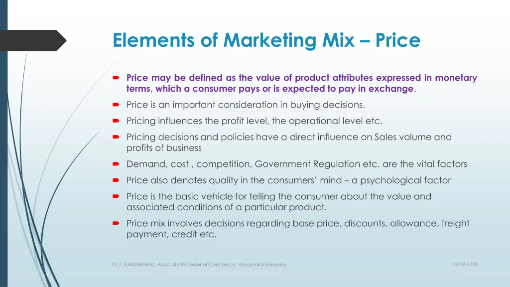 elements of marketing mix price