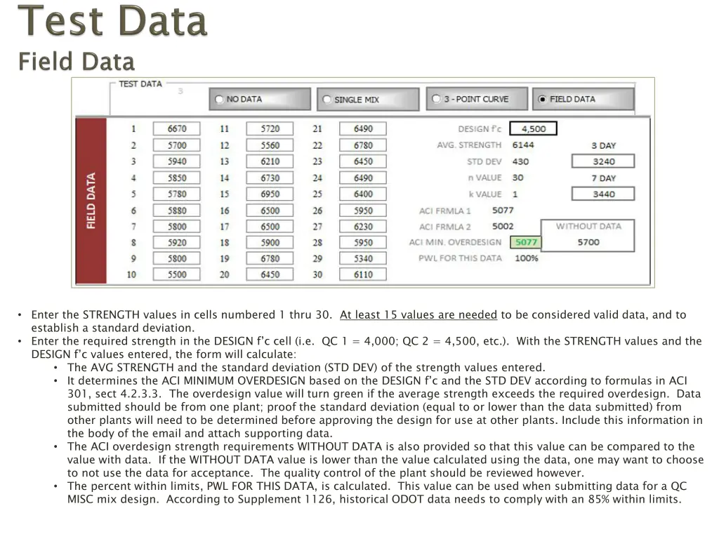 enter the strength values in cells numbered