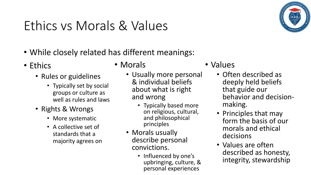 ethics vs morals values