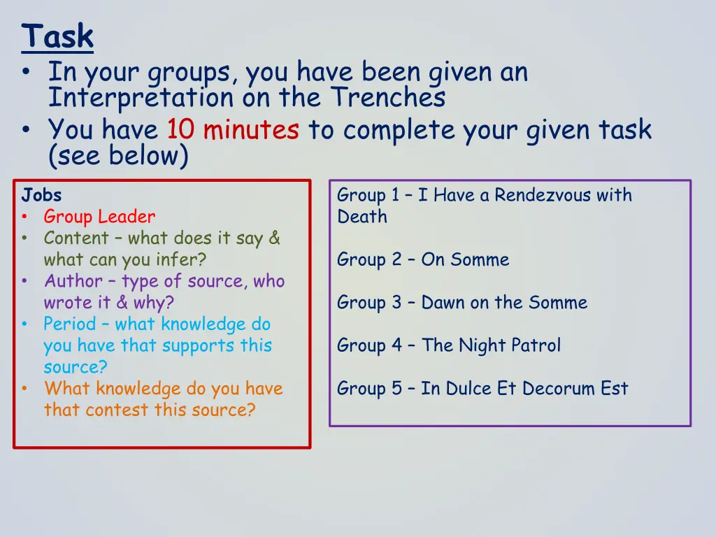 task in your groups you have been given