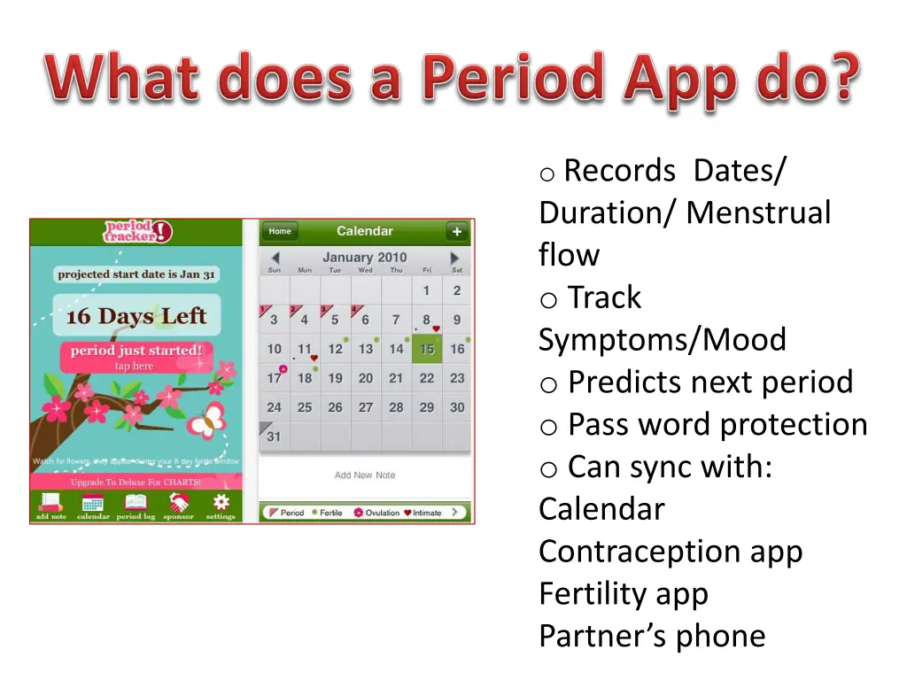 o records dates duration menstrual flow o track