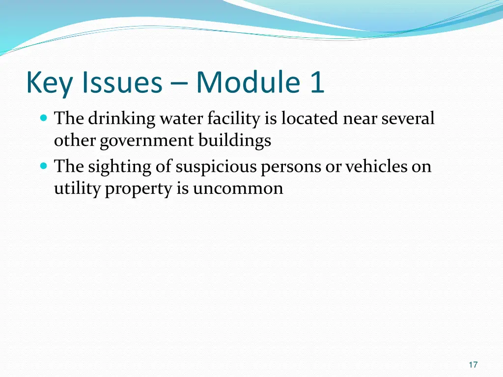 key issues module 1 the drinking water facility