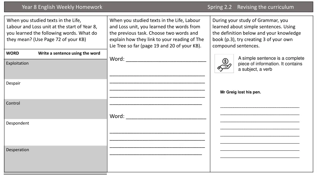 year 8 english weekly homework spring 1