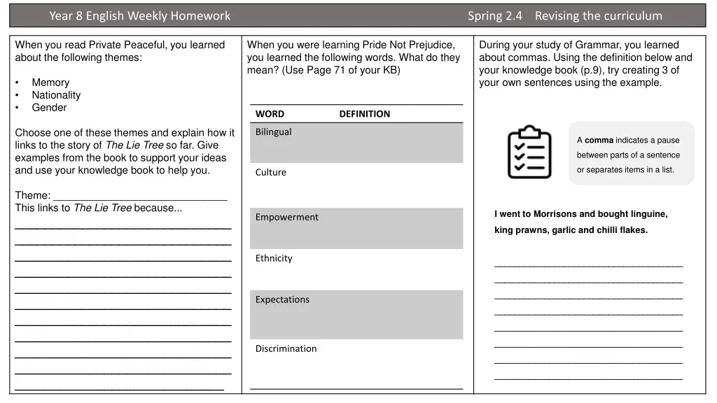 year 8 english weekly homework spring 3