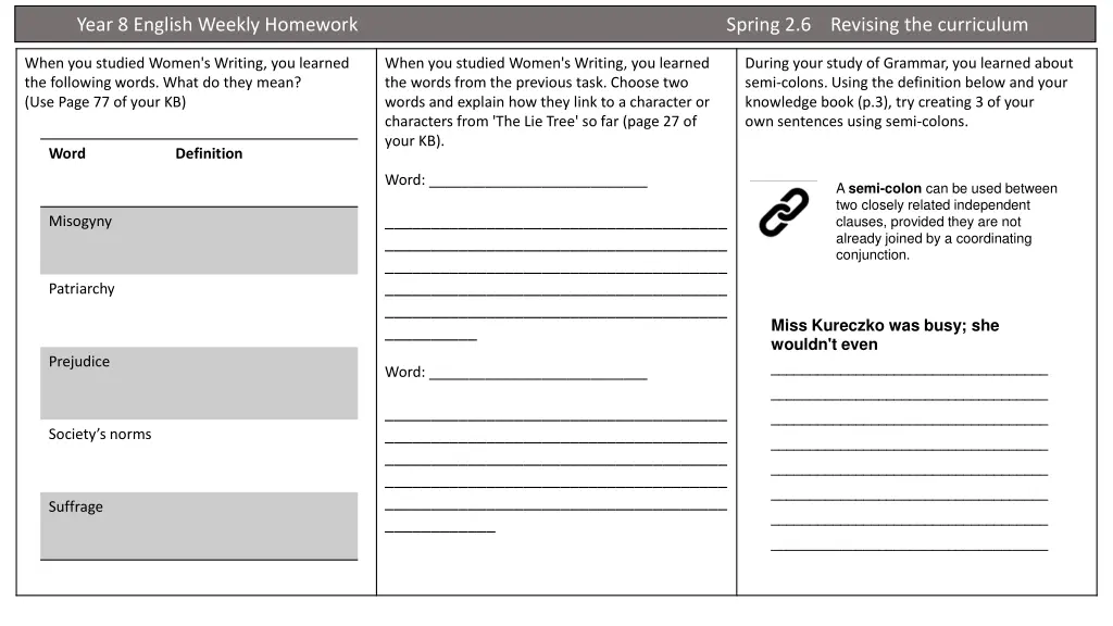 year 8 english weekly homework spring 5