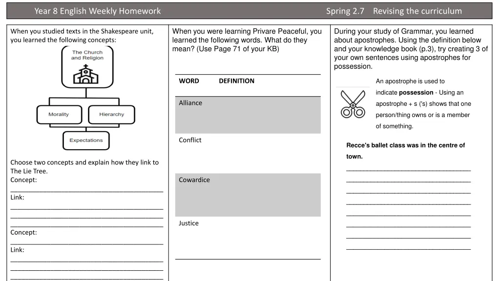 year 8 english weekly homework spring 6