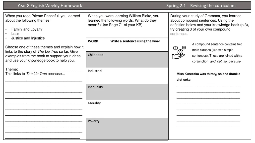 year 8 english weekly homework spring