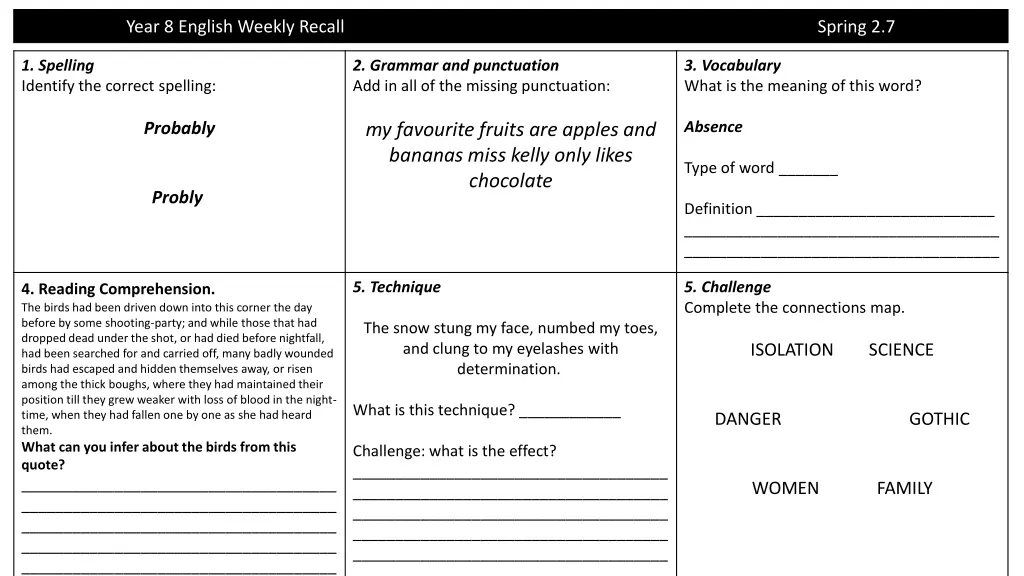 year 8 english weekly recall 6