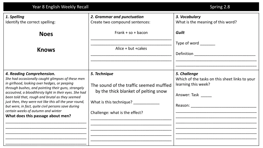 year 8 english weekly recall 7