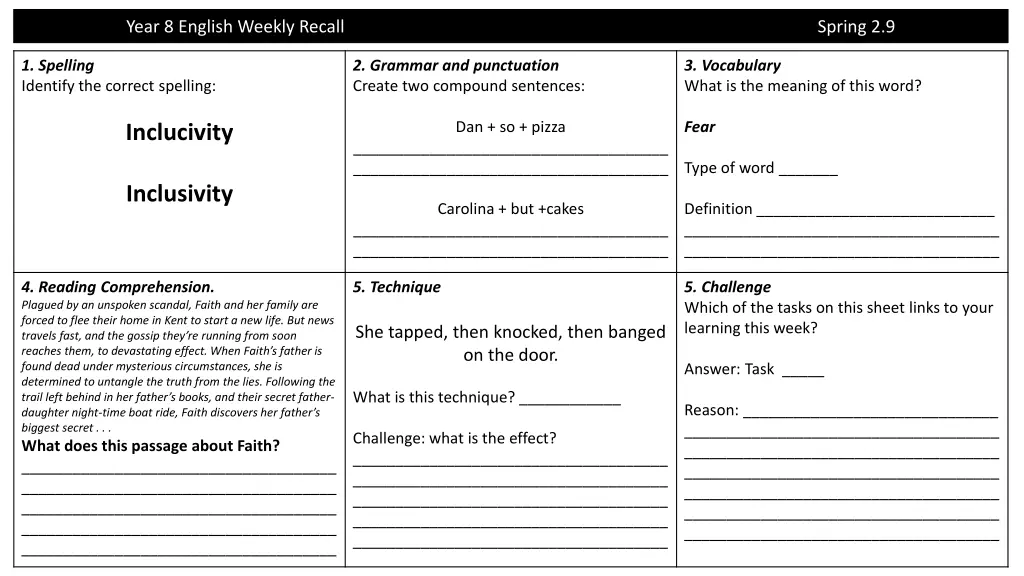 year 8 english weekly recall 8