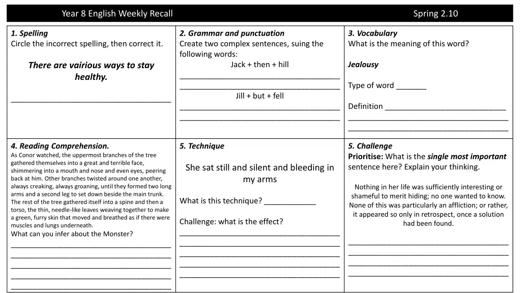 year 8 english weekly recall 9