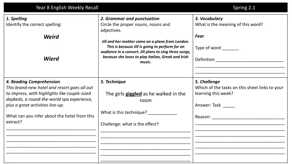 year 8 english weekly recall