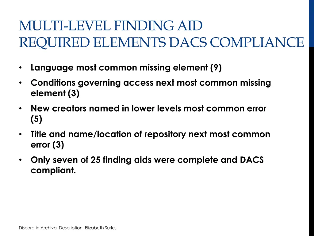 multi level finding aid required elements dacs