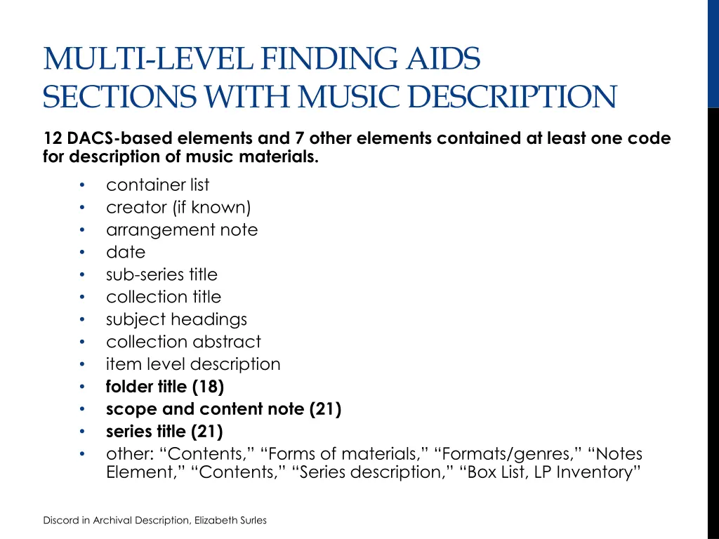 multi level finding aids sections with music