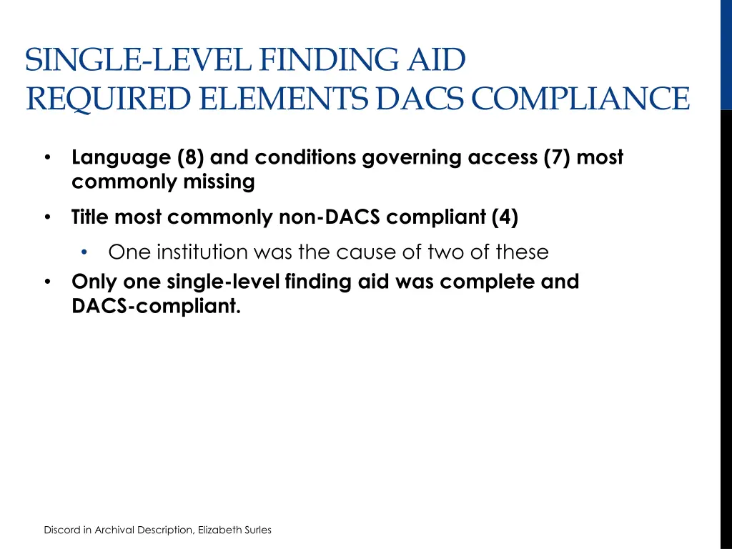 single level finding aid required elements dacs