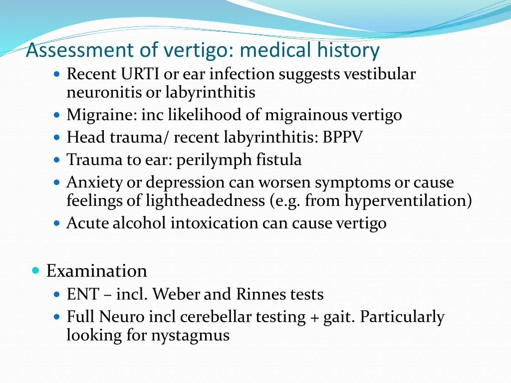 assessment of vertigo medical history recent urti