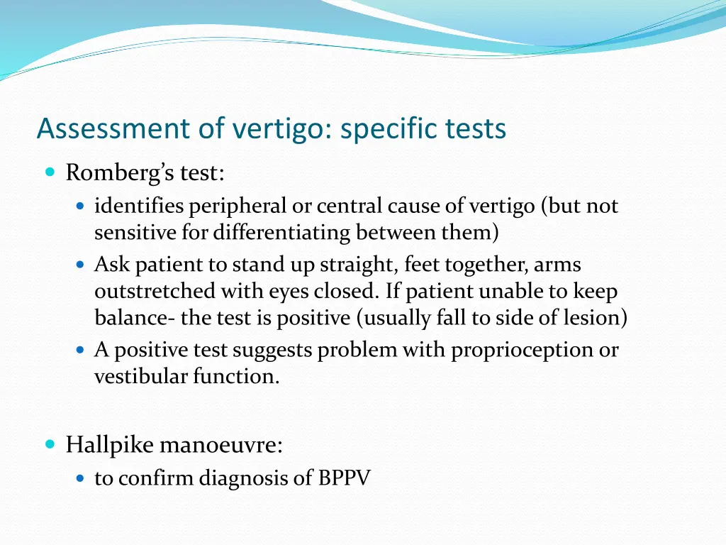 assessment of vertigo specific tests