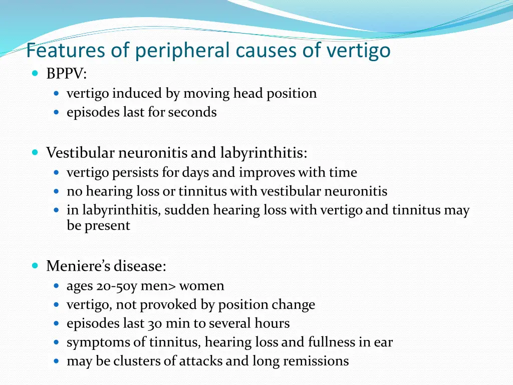 features of peripheral causes of vertigo bppv