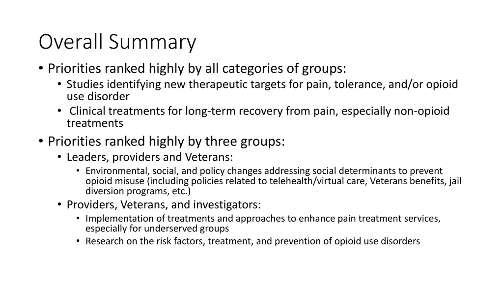 overall summary priorities ranked highly