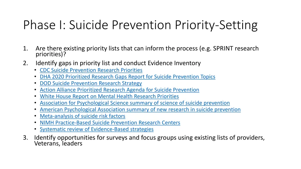 phase i suicide prevention priority setting