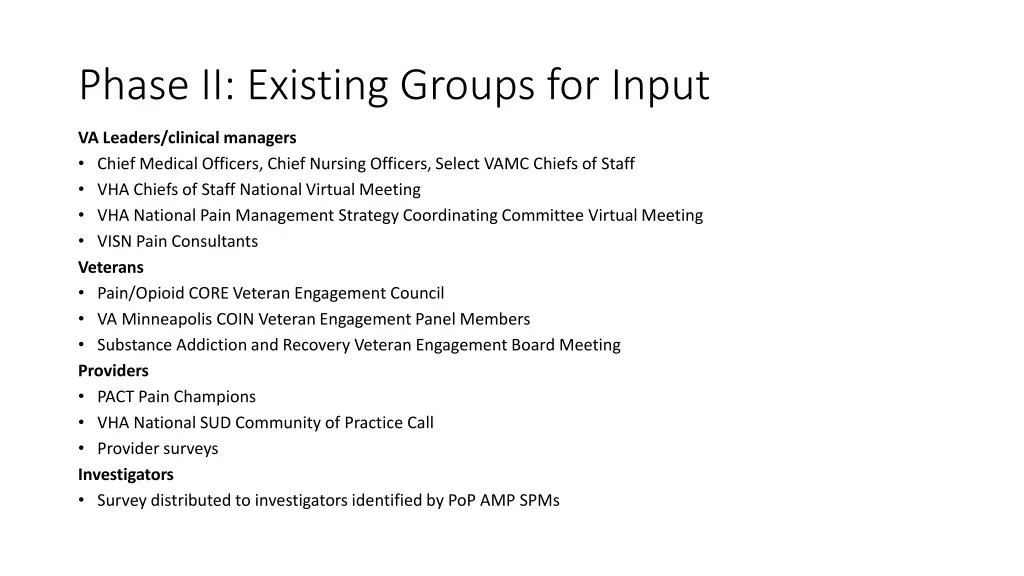 phase ii existing groups for input