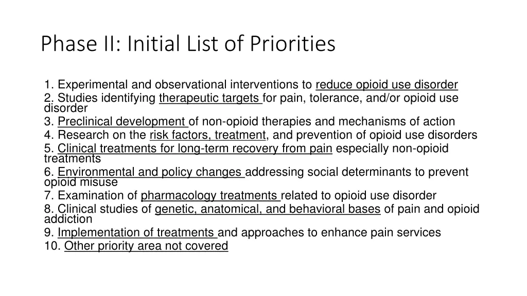 phase ii initial list of priorities