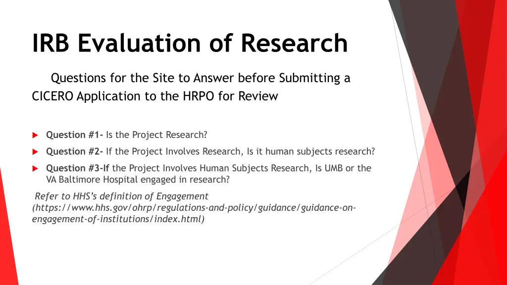 irb evaluation of research questions for the site