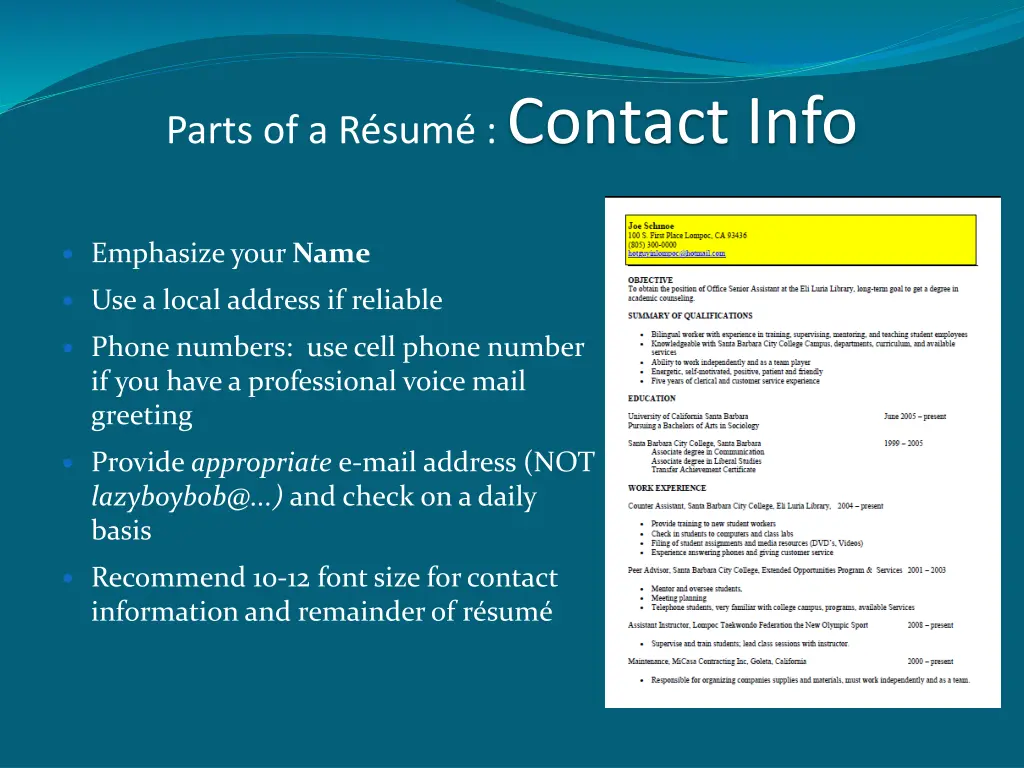 parts of a r sum contact info