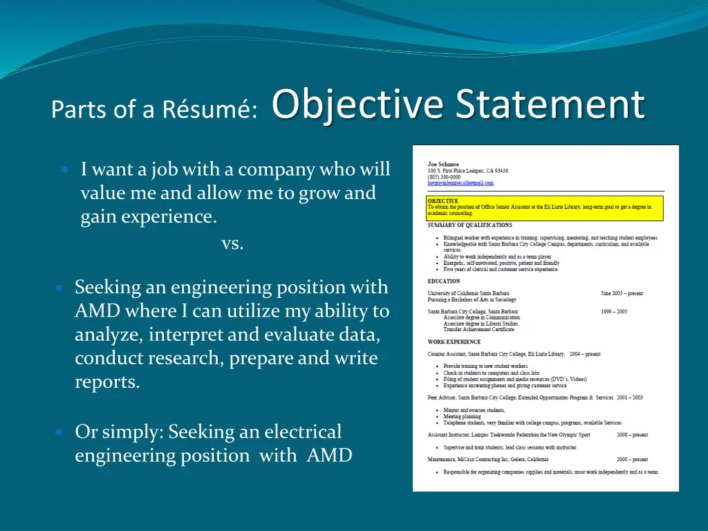 parts of a r sum objective statement